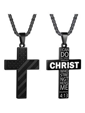 Black American Flag Christ Cross Necklace Men Stainless Steel Box Chain 22 inch
